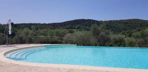 a large blue swimming pool with a mountain in the background at Poggio Al Palio in San Lorenzo a Merse