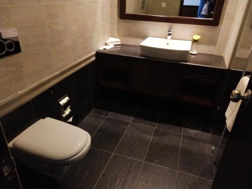 a bathroom with a toilet and a sink at Chandragiri Hills Resort Kathmandu-Luxury in the Clouds in Thānkot