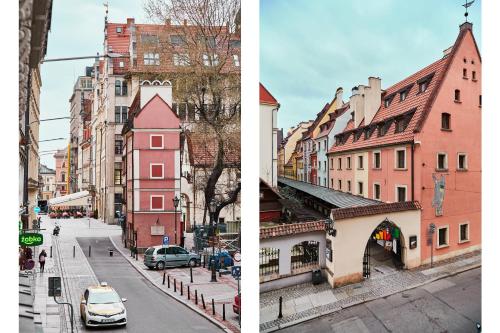 two pictures of a city street with buildings at Prestige Apartments 7 in Wrocław