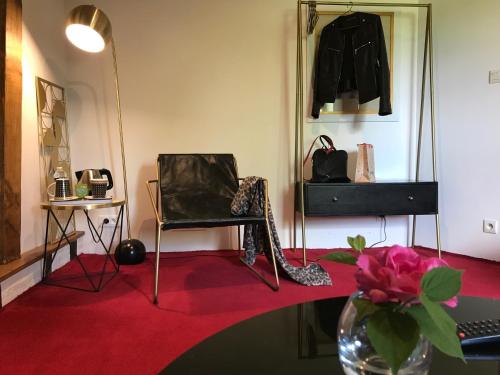 a room with a red carpet and a chair and a table at La Levraudière in Cheverny