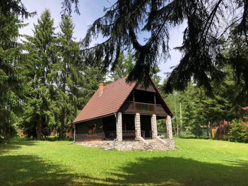 a small cabin in a field with a tree at Lake House in Izvoru Mureşului