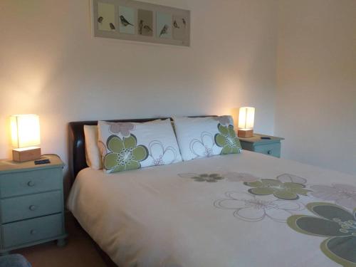 a bedroom with a bed with two night stands and two lamps at Nick & Sandra's in Slane