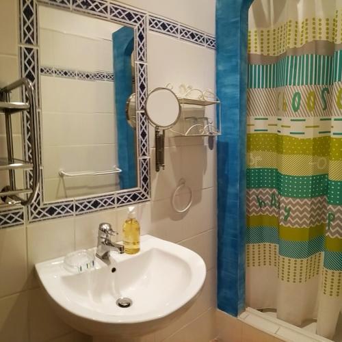 une salle de bain avec un lavabo, un miroir et une douche dans l'établissement Mas de la Grave, à Althen-des-Paluds