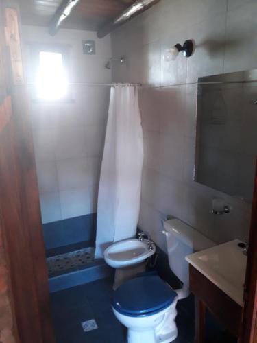 y baño con aseo y lavamanos. en Cabañas El Paraiso en San Salvador de Jujuy