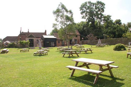 a group of picnic tables in a grass field at The Vineyard Lamberhurst in Lamberhurst