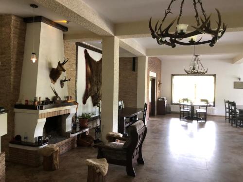 a living room with a fireplace and a chandelier at Valea Salbatica in Şinca Nouă