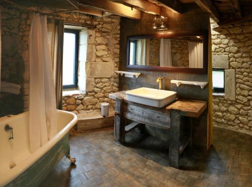 a bathroom with a sink and a bath tub and a mirror at Le Moulin de la Motte Baudoin in Noyers-sur-Cher