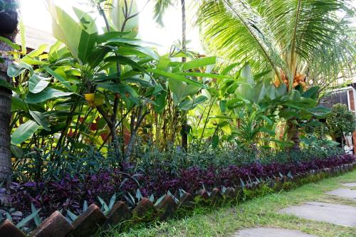 a garden with green plants and purple flowers at Louto Dmell Villa & Guesthouse in Sanur
