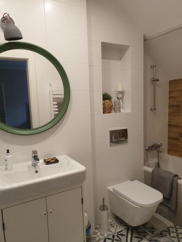 a bathroom with a sink and a toilet and a mirror at Majątek Morgi in Suchowola