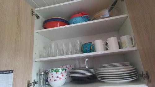 a kitchen pantry with plates and dishes on shelves at Blue House II at the end of the World in Mehamn