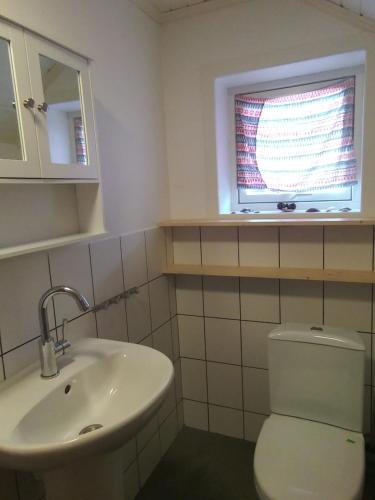 a bathroom with a sink and a toilet and a window at Blue House II at the end of the World in Mehamn