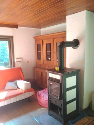 a living room with a wood stove in a room at Chalet - Au retour vers Soi in Les Nobertins