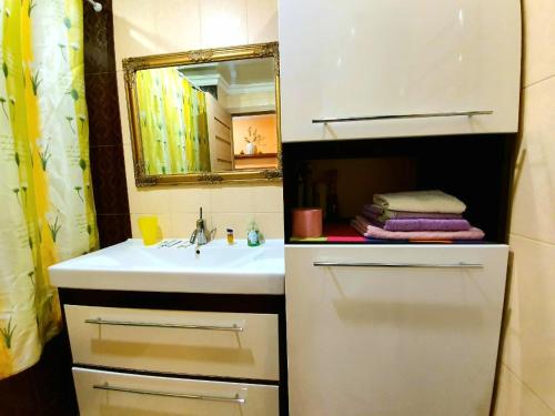 a bathroom with a sink and a mirror at Apartment Ushakova 16 in Dnipro