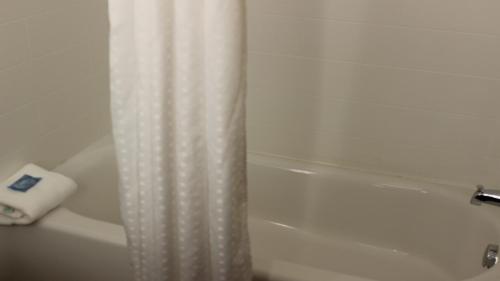 a bathroom with a shower curtain next to a bath tub at Holiday Inn Express Winfield - Teays Valley by IHG in Hurricane