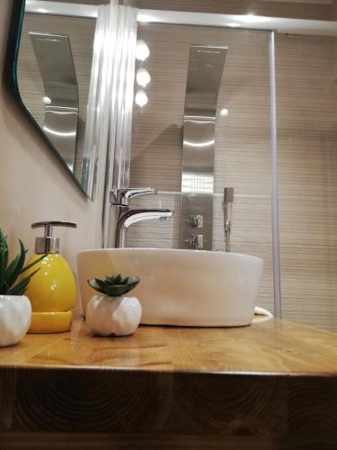 a bathroom counter with a sink and a mirror at Villa Lucija Cilipi in Čilipi