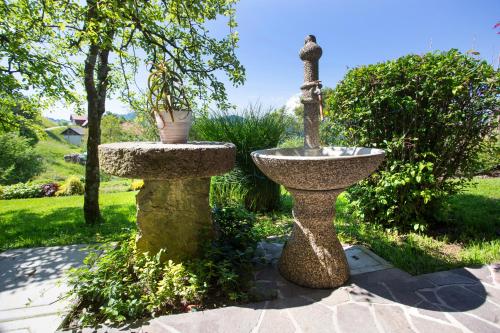 a stone sink and a bird bath in a garden at Apartma na Ravnicah in Cerkno
