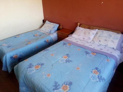 - deux lits assis l'un à côté de l'autre dans une pièce dans l'établissement Las Cabañas Lodge, à Isla de Sol