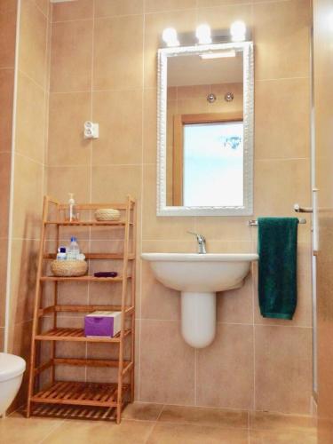 a bathroom with a sink and a mirror and a toilet at Bermeo y Urdaibai- PARKING-Ascensor - WIFi - tranquilo in Bermeo