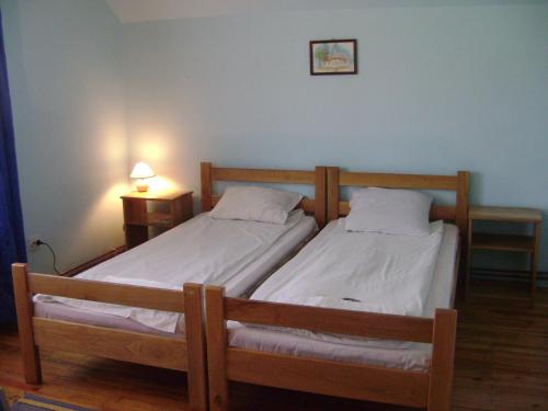 two twin beds in a room with two lamps at Pensiunea Popasul Iancului in Mărişel