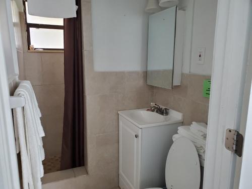 a bathroom with a toilet and a sink and a mirror at Old Wooden Bridge Resort & Marina in Big Pine Key