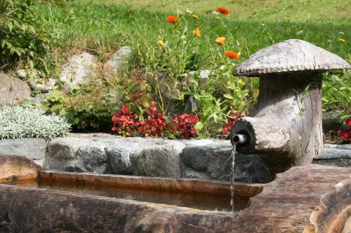 una fuente de agua en un jardín con flores en Ferienhaus Schnetzer, en Sankt Gallenkirch