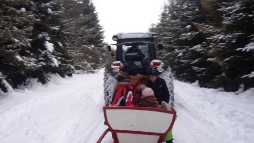 a group of people riding on the back of a snow pulled sled at Agroturystyka na Słonecznej Orawie u Dzikich in Jabłonka