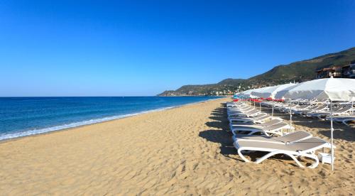 a row of lounge chairs and umbrellas on a beach at Xperia Saray Beach Hotel in Alanya