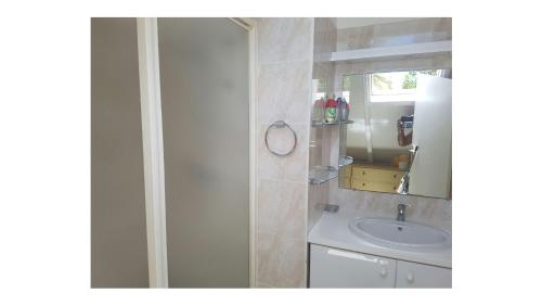 a bathroom with a sink and a mirror at Résidence Belle Vue des îles in Sainte-Anne