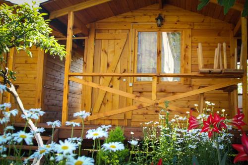 eine Holzhütte mit Blumen davor in der Unterkunft Holiday home Teremki in Gagra