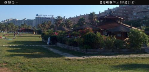 a park with a building and people in the grass at primera linea acapulco III in Oropesa del Mar