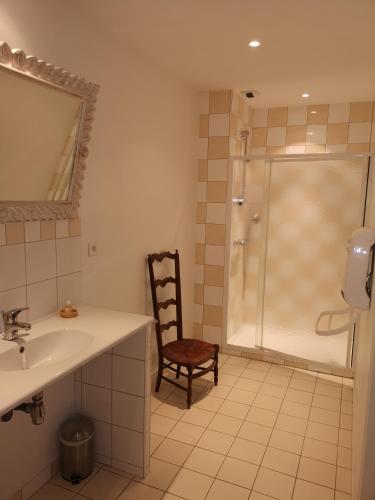 La salle de bains est pourvue d'une douche, d'un lavabo et d'une chaise. dans l'établissement Coté Marais - gite familial, à Chaillé-les-Marais