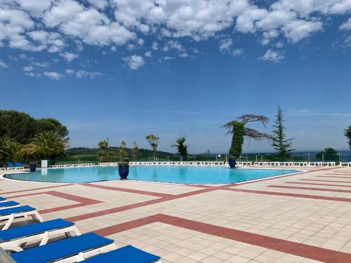 une grande piscine avec des chaises bleues et un palmier dans l'établissement Au coeur de Bordaberry, à Urrugne