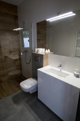 a bathroom with a toilet and a sink and a shower at N°50 in Poznań