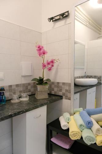 a bathroom with a sink and a mirror at Main Square Oval Apartment in Zagreb