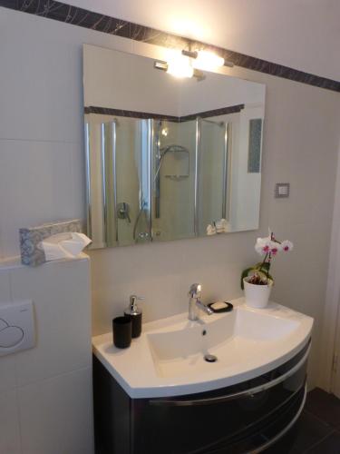 un baño con lavabo y espejo en Appartamento centro terme merano, en Merano