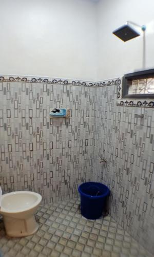 a bathroom with a shower curtain and a toilet at Homestay Anggun Bromo in Bromo