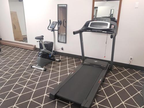 a room with a gym with a treadmill and a mirror at King Hotel in Palmerston
