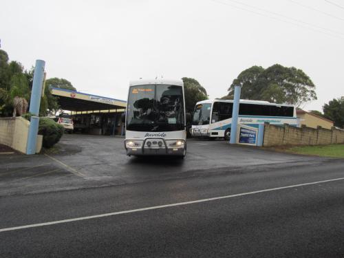two buses are parked at a gas station at Limestone Coast Tourist Park in Mount Gambier