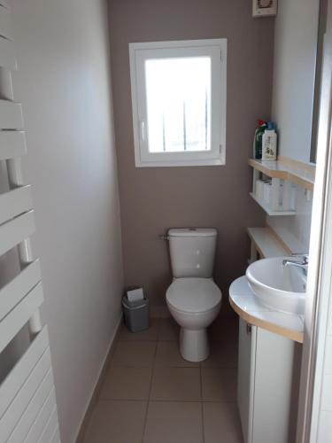 ein Bad mit einem WC, einem Waschbecken und einem Fenster in der Unterkunft Auprès de mon arbre in Saint-Gildas-de-Rhuys