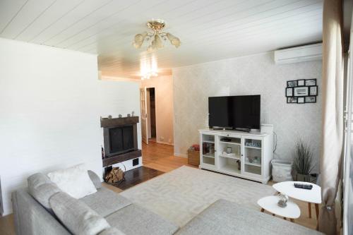 a living room with a couch and a television at Villa de pikku Maria in Hamina