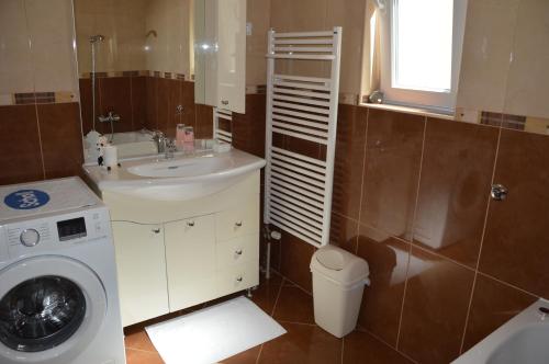 a bathroom with a sink and a washing machine at Apartments Babic in Podstrana