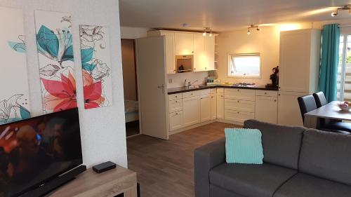 een woonkamer met een bank en een keuken bij Modern en compleet chalet 22-15 in Putten