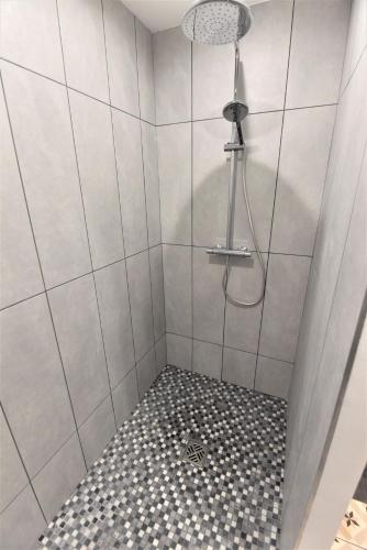 a shower with a shower head in a bathroom at Le 57 by Sparnapart in Épernay