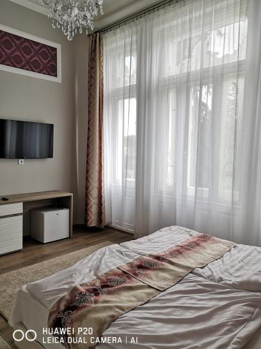 a bedroom with a bed and a large window at Kakukk Panzió in Nyírbátor