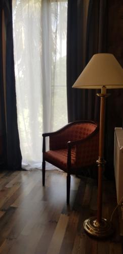 a lamp sitting next to a chair next to a window at Villa Gelati in Kutaisi