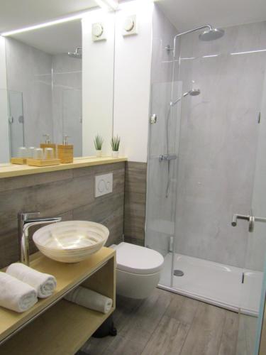 a bathroom with a shower and a toilet and a sink at Hotel und Gasthof Ritter St. Georg in Erlangen