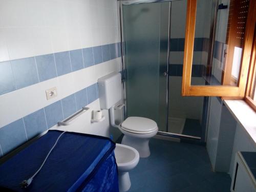 uma casa de banho com um WC e uma cabina de duche em vidro. em A casa di Luca em Lido Conchiglia