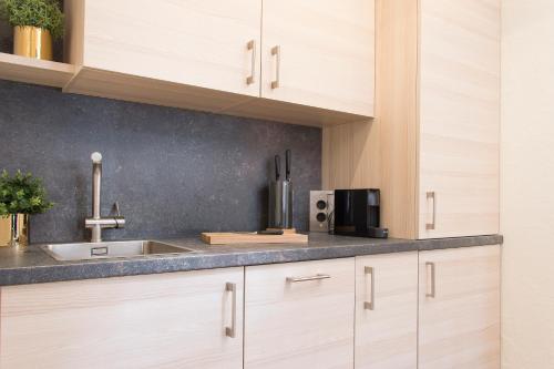 a kitchen with wooden cabinets and a sink at Kaiser Apartments - City Centre of Graz in Graz