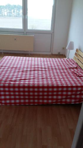 a bed in a room with a red and white checkered blanket at Natur-Freude-18 in Kotzen