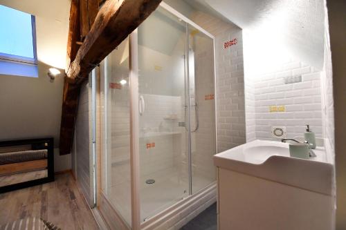 y baño con ducha y lavamanos. en LOFT SOUS LES COMBLES - LOFT UNDER THE RAFTER en Rodez